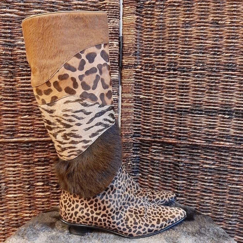 Walter Steiger Riding Boots 5.5 Brown Leopard Tiger Leather Fur Italy Old Money